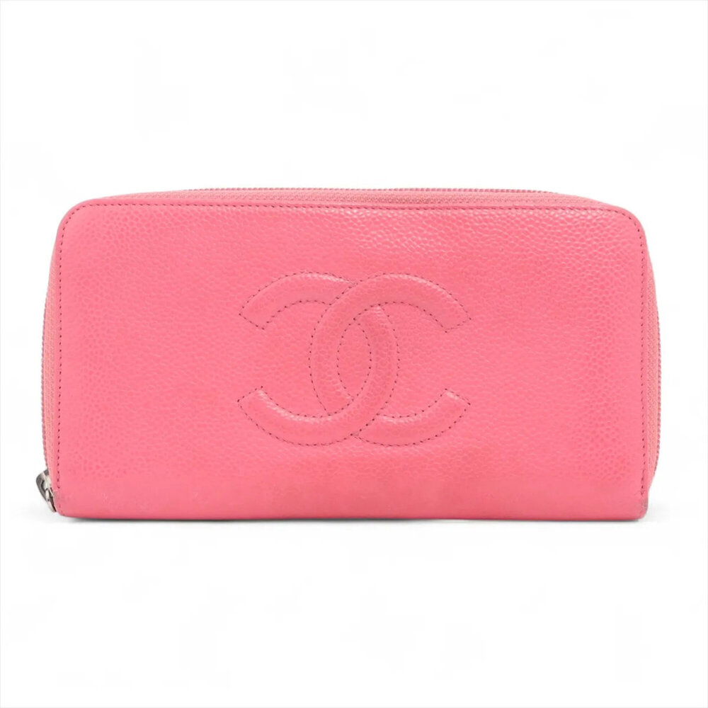 Chanel Coco Mark Leather Long Wallet with Serial Seal, Round Zipper, Women's